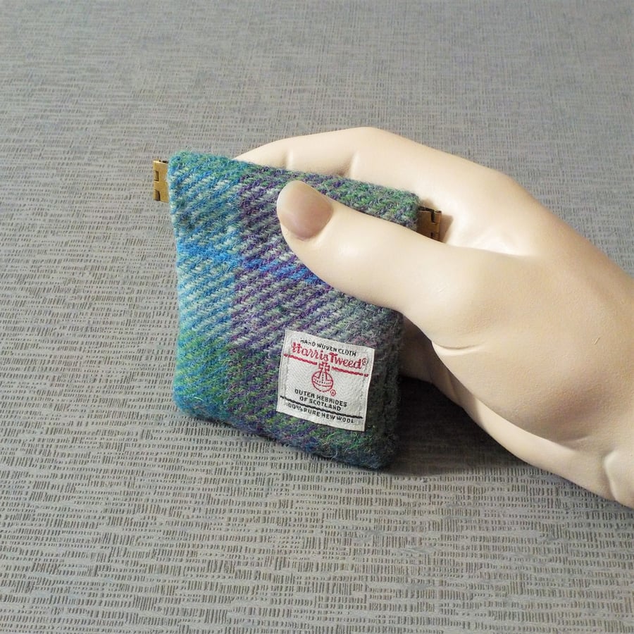 Harris tweed purse green and purple tartan pocket change flex top coin purse