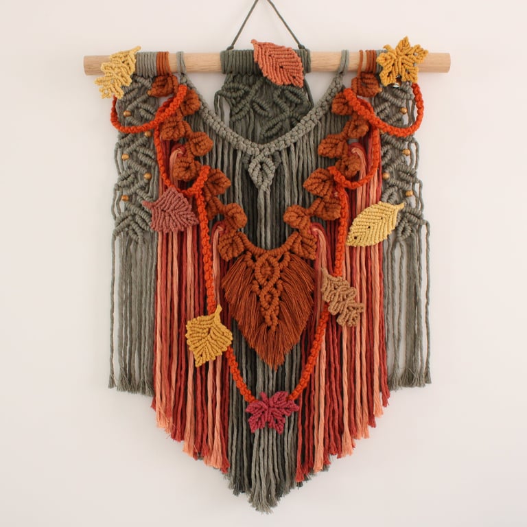 Macrame Autumn wall hanging, falling leaves wall decoration,
