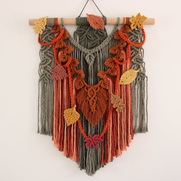Macrame Autumn wall hanging, falling leaves wall decoration,