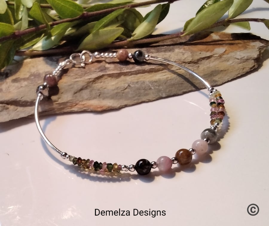 Dainty Micro Faceted Watermelon & Rounds Tourmaline Sterling Silver Bracelet