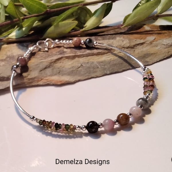 Dainty Micro Faceted Watermelon & Rounds Tourmaline Sterling Silver Bracelet