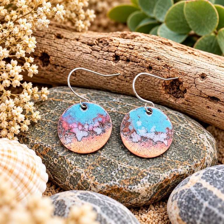 Blue Enamel Copper Earrings, Anglesey Coast Jewellery, Handmade Sea-Inspired Ear