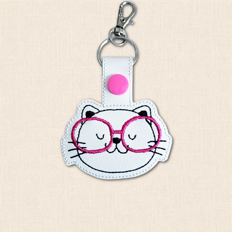 Kawaii Kitten Keyring - Embroidered Animal Bag Charm with Glasses