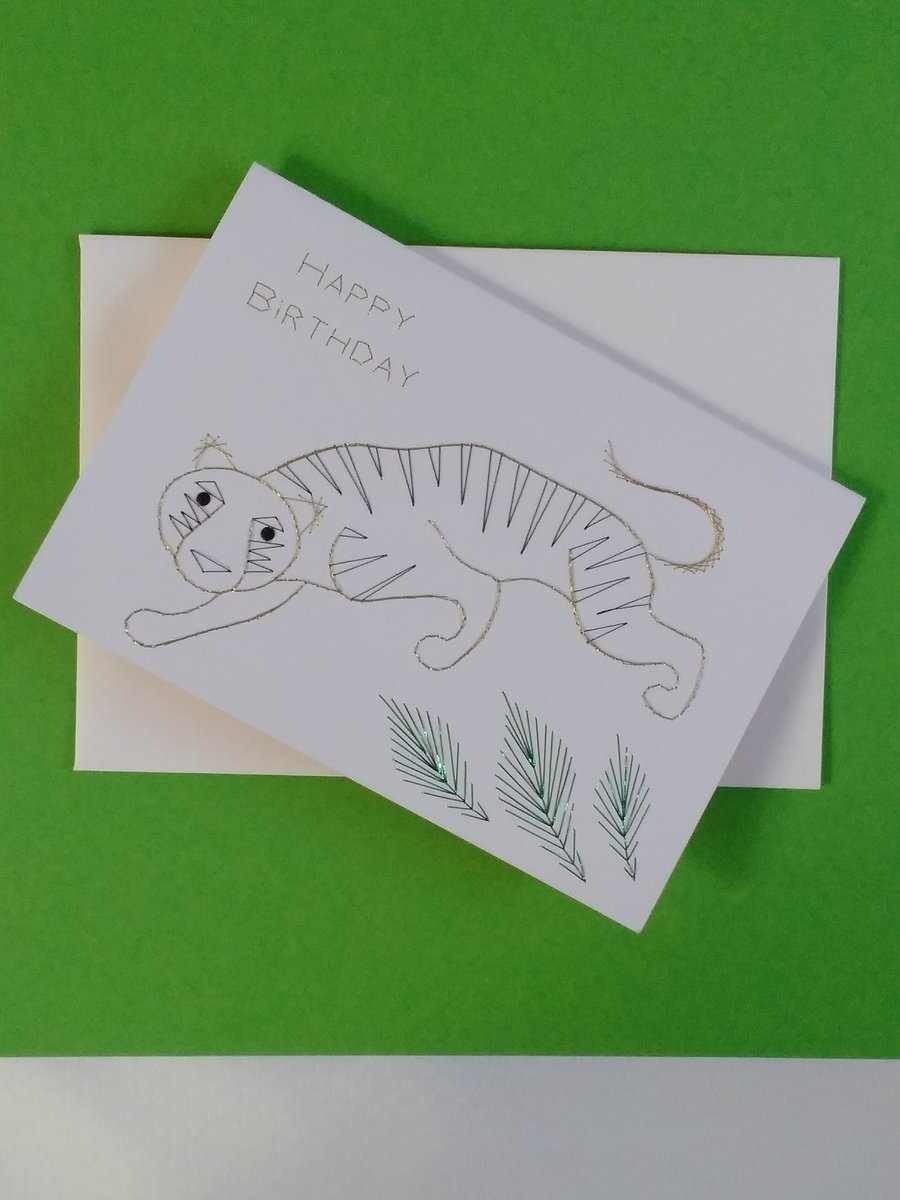 Hand Embroidered Tiger Greetings Card.