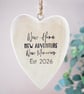 New Home New Adventure New Memories Est. 2026 Hanging Heart Ornament. Wood Heart