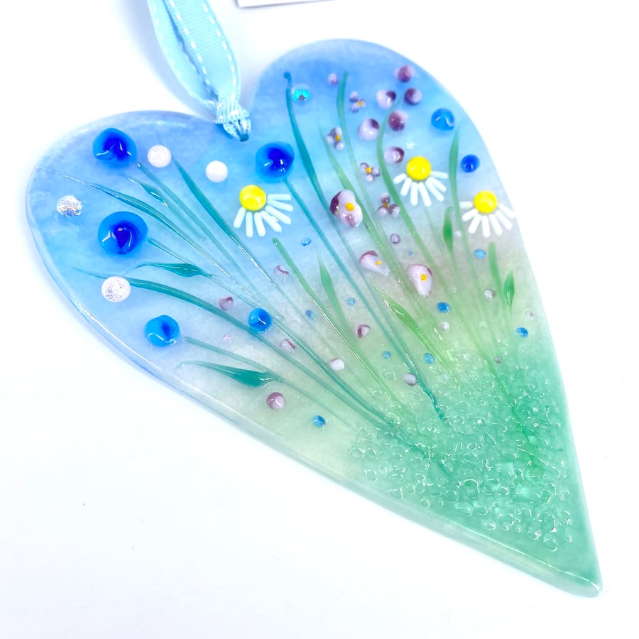 Glass Meadow Heart with Delicate Pink & Blue Flowers