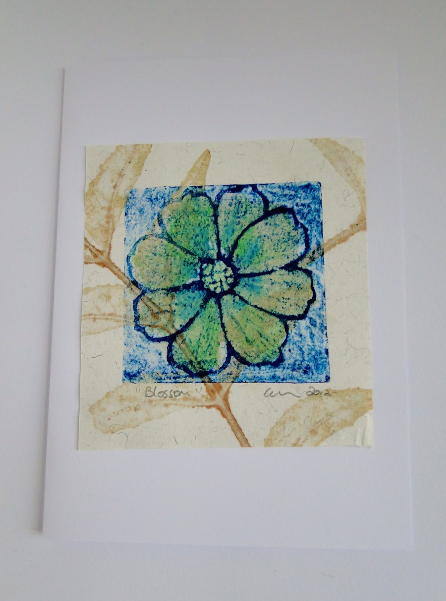 Blue Green Blossom Flower Blank Greeting Card Collagraph Print with Watercolour