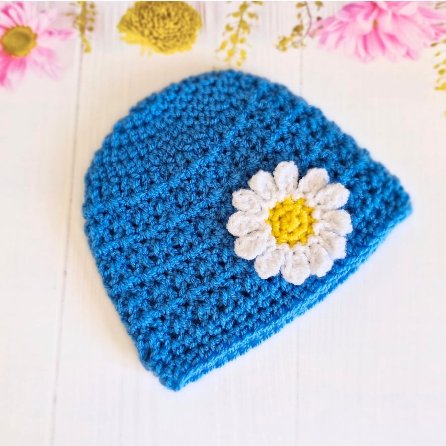 Handmade Blue Crochet Baby Daisy Beanie Hat - CLEARANCE 