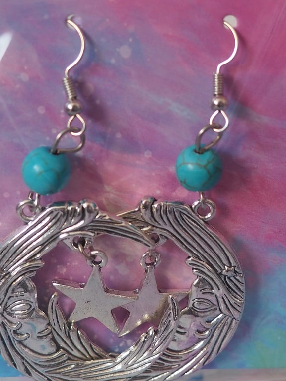 Large Turquoise Beaded Dangle Earrings with Moon and Star Charms