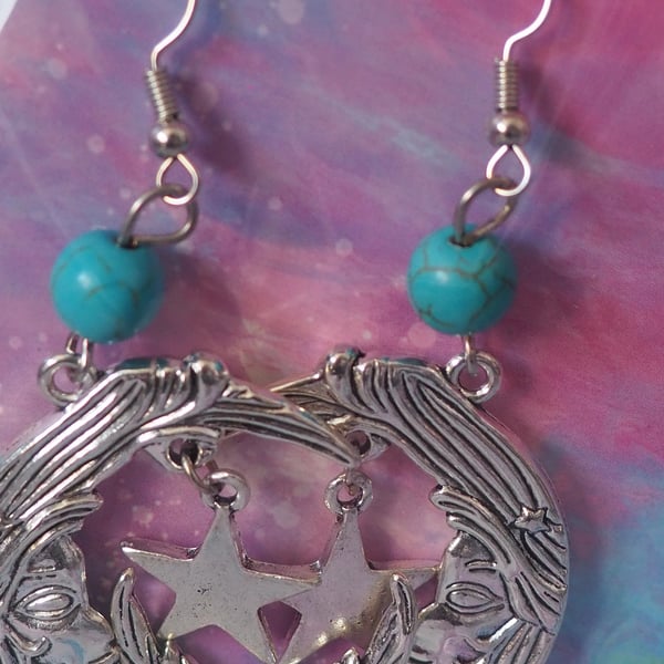 Large Turquoise Beaded Dangle Earrings with Moon and Star Charms
