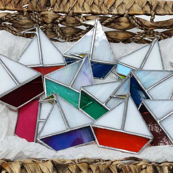 Stained glass tiny sailing boat,  copperfoil suncatcher