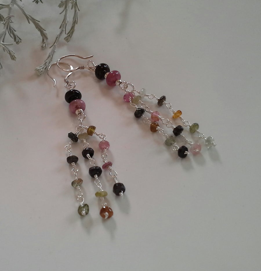 Beautiful Watermelon Tourmaline Sterling Silver Dangle Drop Earrings