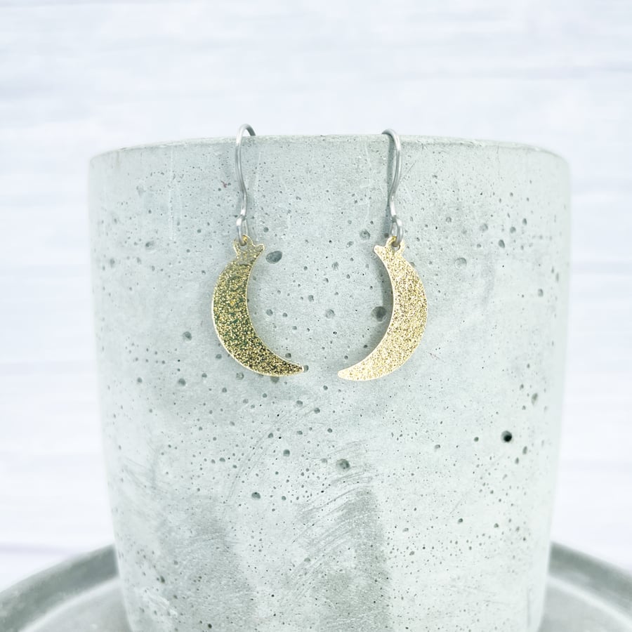 Brass moon dangle earrings Hypoallergenic titanium ear wires