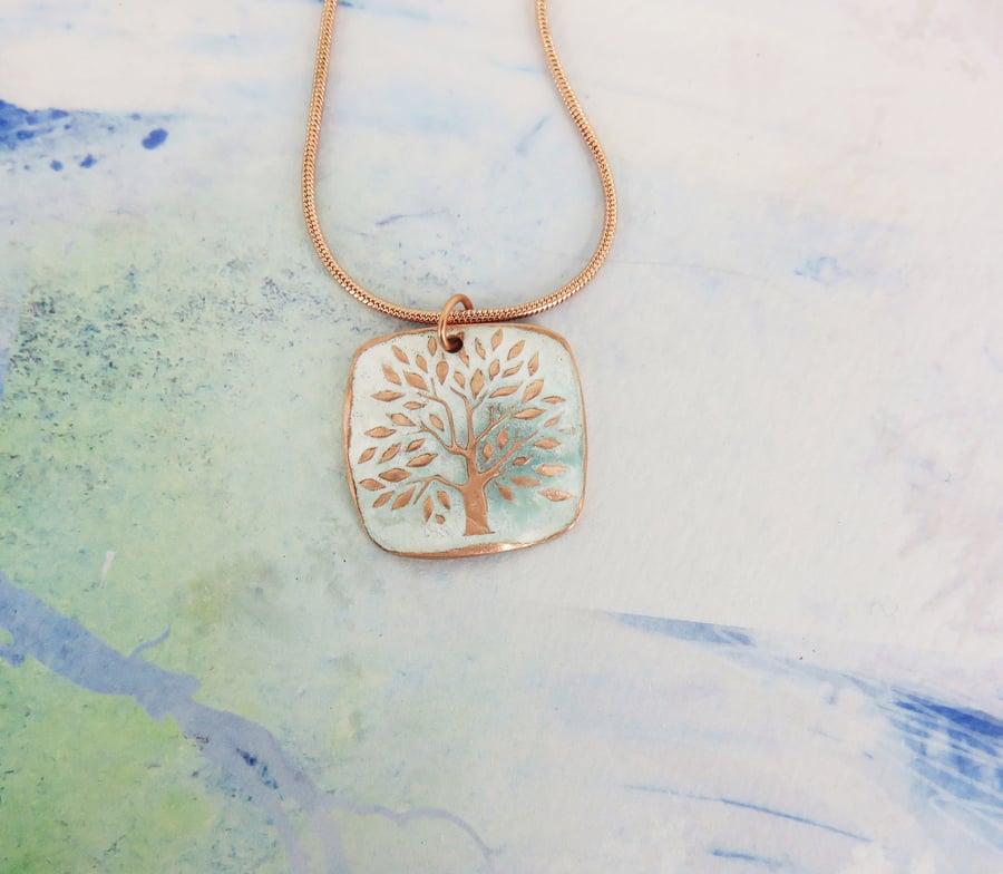 Tree Pendant in Copper with White and Jade Enamel Double Sided