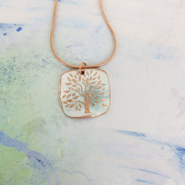 Tree Pendant in Copper with White and Jade Enamel Double Sided