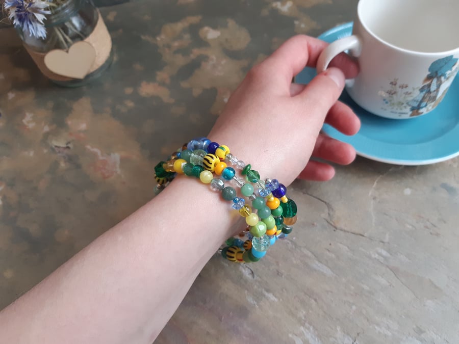 Recycled glass bead wrap bracelet - blue, green and yellow