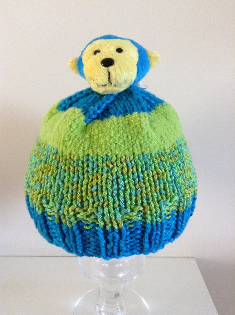 Hand Knit Bobble Hat with Cheeky Monkey Character 