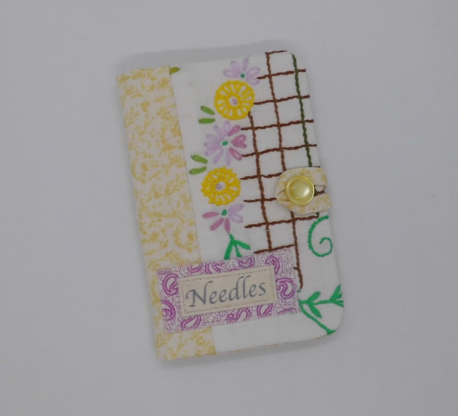 SOLD Sewing needle case using repurposed embroidery on a yellow cover