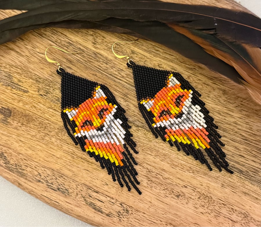 Orange fox bead woven fringe earrings
