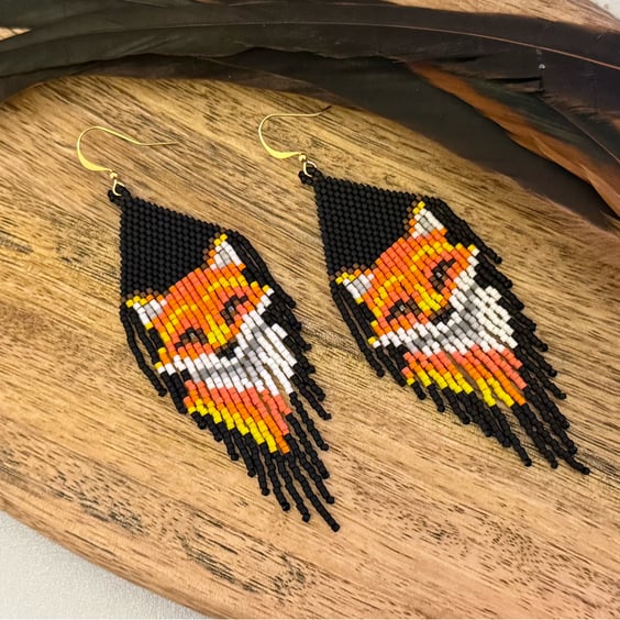Orange fox bead woven fringe earrings