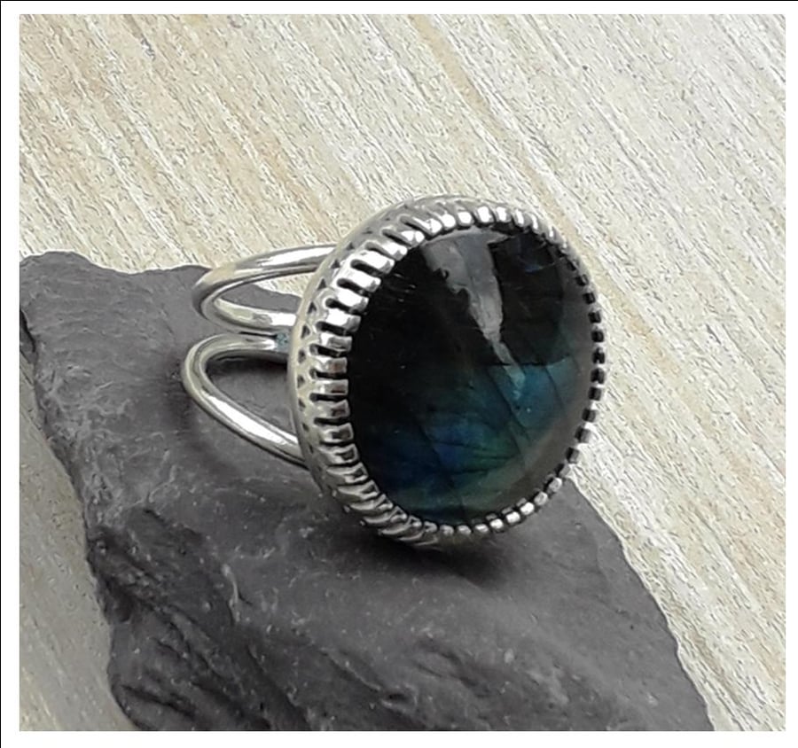 Statement Labradorite Ring multi colour flash size T Sterling Silver Hallmarked