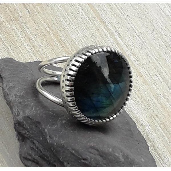 Statement Labradorite Ring multi colour flash size T Sterling Silver Hallmarked