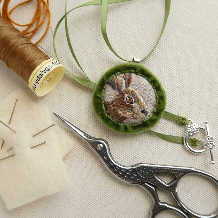 Hare pendant - hand stitched textile