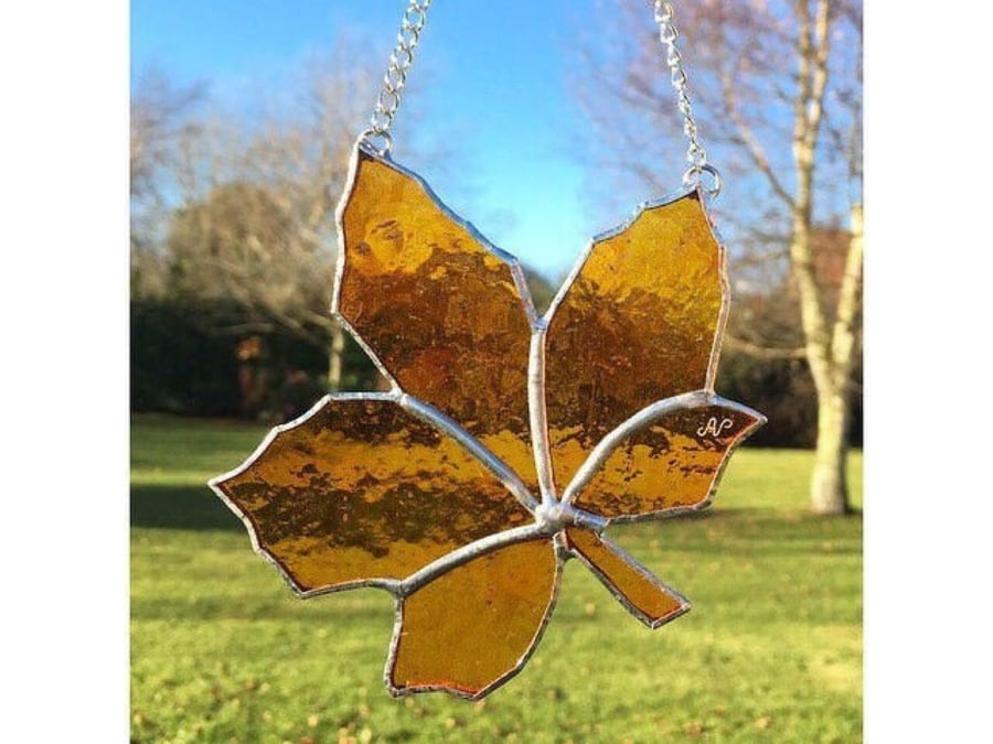 Autumn orange stained glass leaf suncatcher 