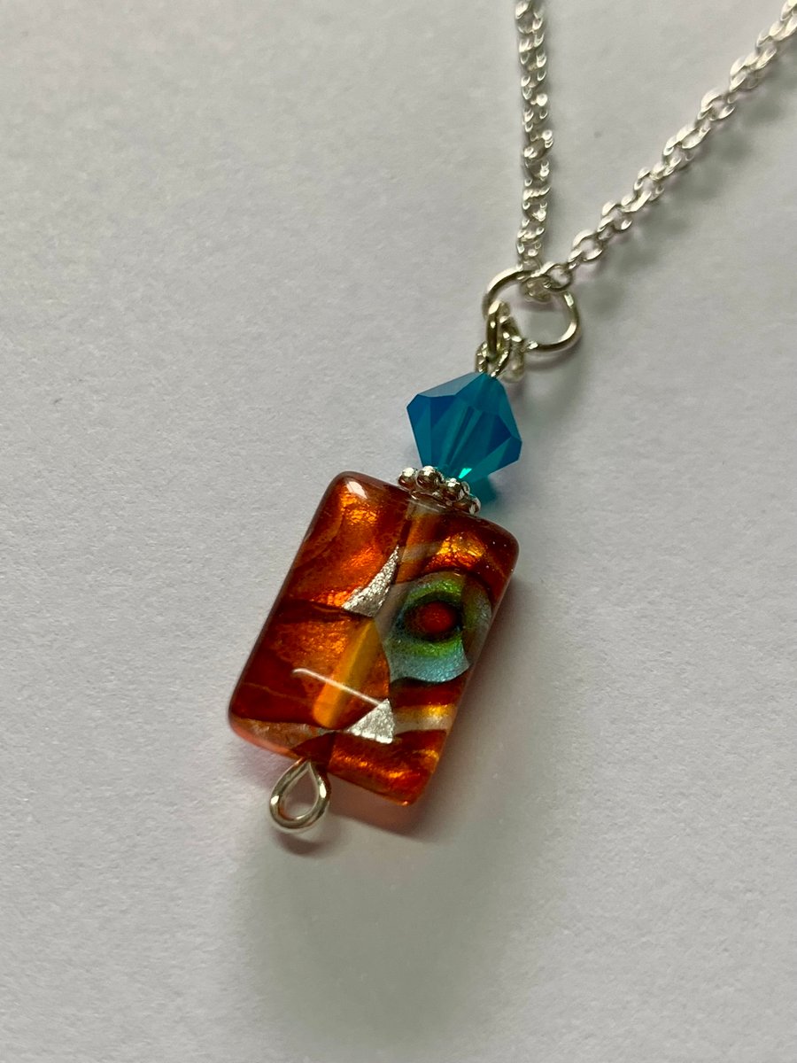 Lamp Work Bead and Swarovski Crystal Pendant and Chain