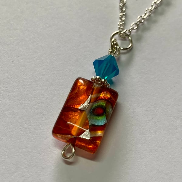 Lamp Work Bead and Swarovski Crystal Pendant and Chain