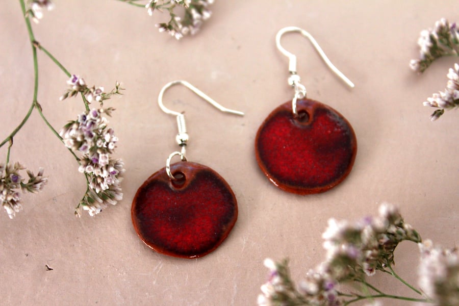 Handmade Red Ceramic Earrings, Glazed Bristol Clay, Silver Hooks