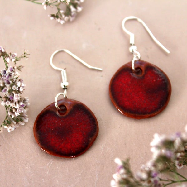 Handmade Red Ceramic Earrings, Glazed Bristol Clay, Silver Hooks