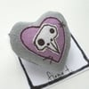 freehand embroidered chicken skull heart textile brooch purple
