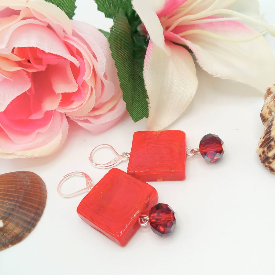 Red Glass Square Bead and Crystal Bead Earrings for Pierced Ears, Gift for Her