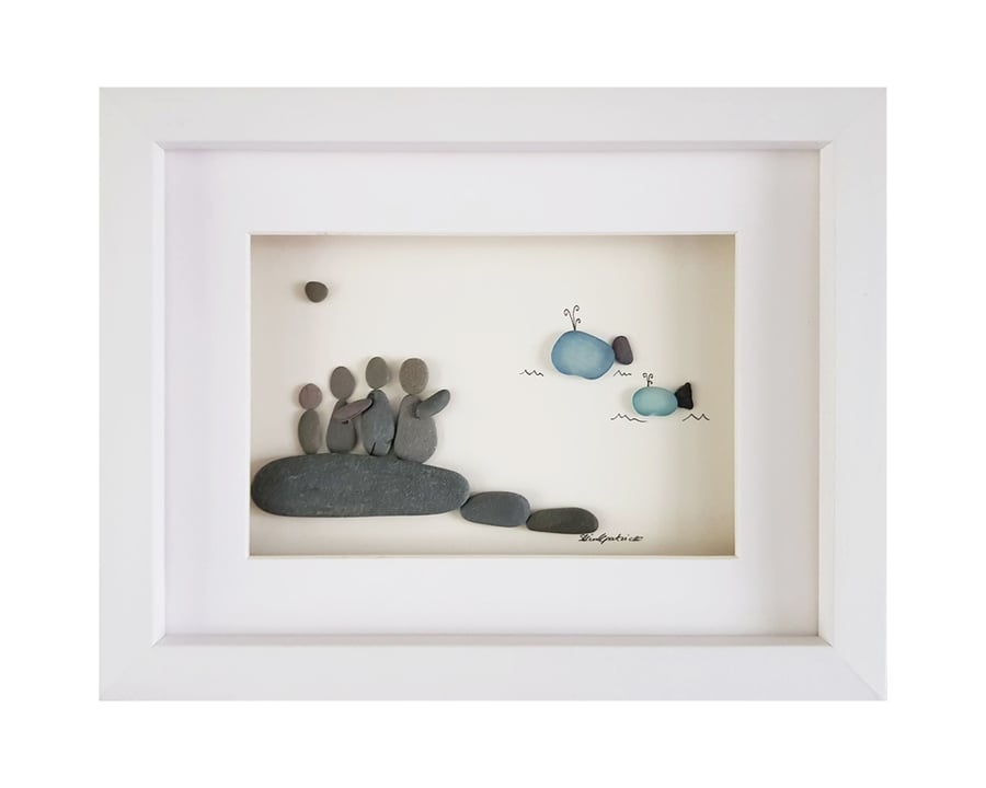 Whale Watching - Sea Glass And Pebble Picture - Framed Handmade Art