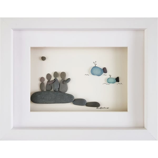 Whale Watching - Sea Glass And Pebble Picture - Framed Handmade Art