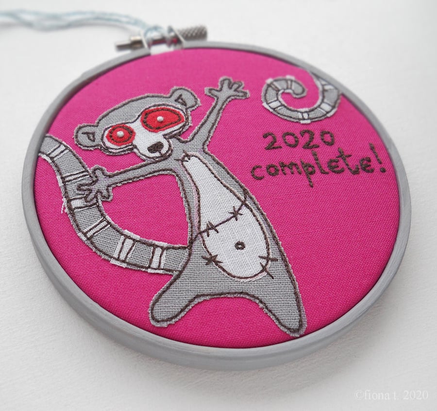 miniature embroidered hoop zombie lemur hot pink