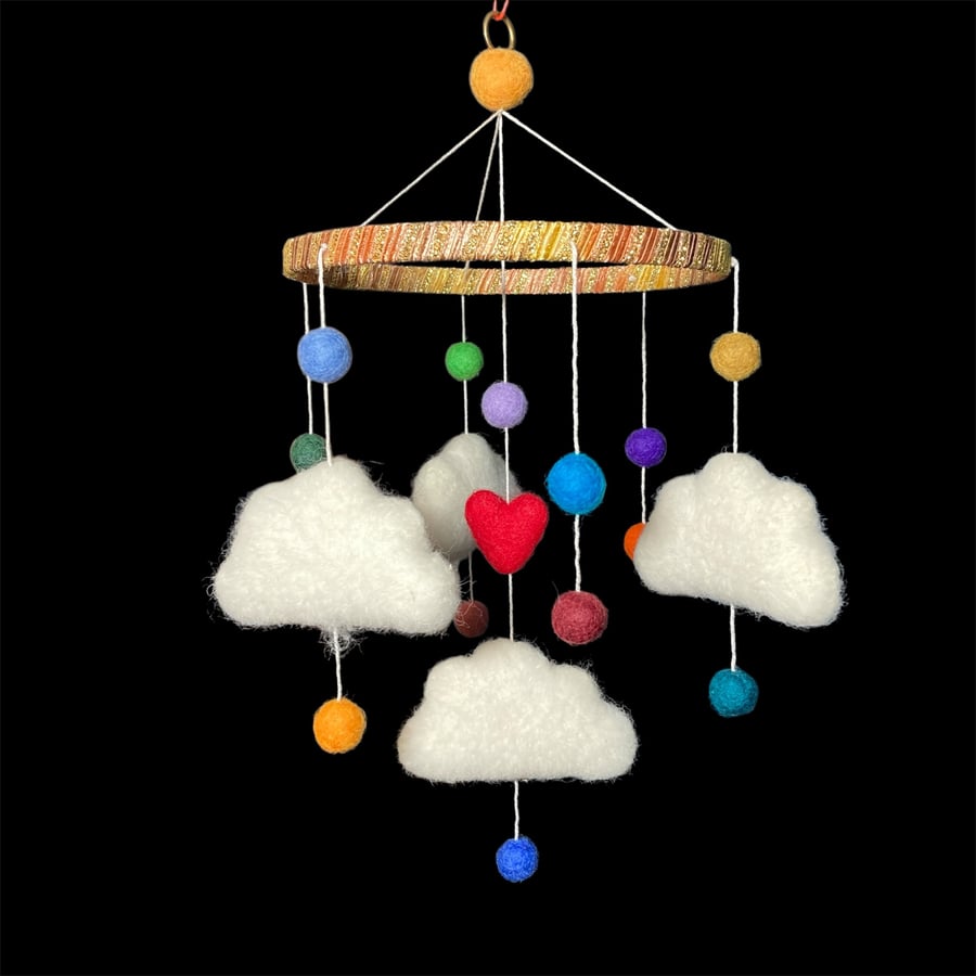 Felted fluffy clouds  mobile, nursery decor, new baby gift, baby shower