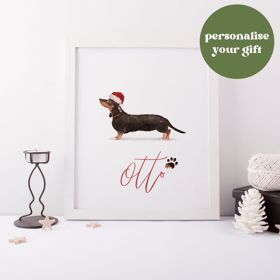 Personalised Dachshund Christmas Art Print Sausage Dog Christmas Art Print