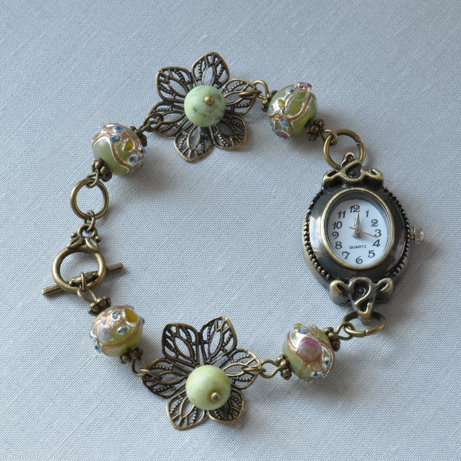 Olive Grove Venetian Glass & Chrysotine Beaded Watch