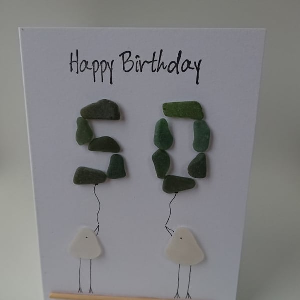 50th Happy Birthday Green Sea Glass Birds C383