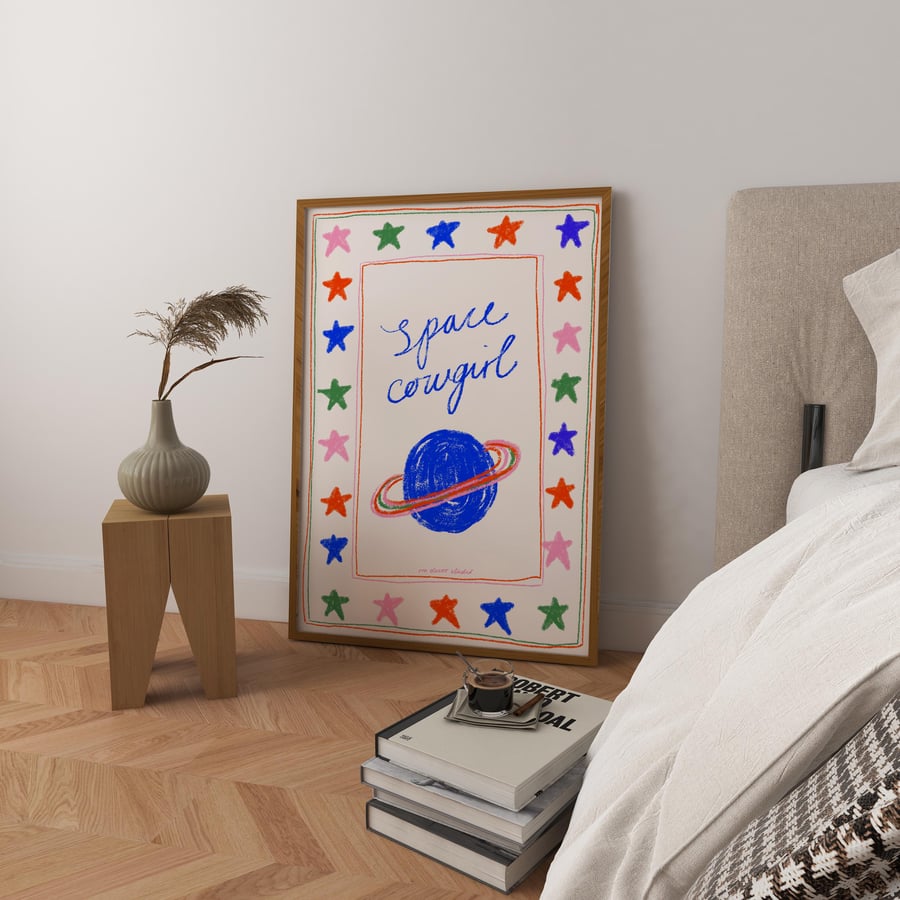 Space Cowgirl Art Print Poster, Trendy Retro Print, Planet Stars Art, Mid Centur