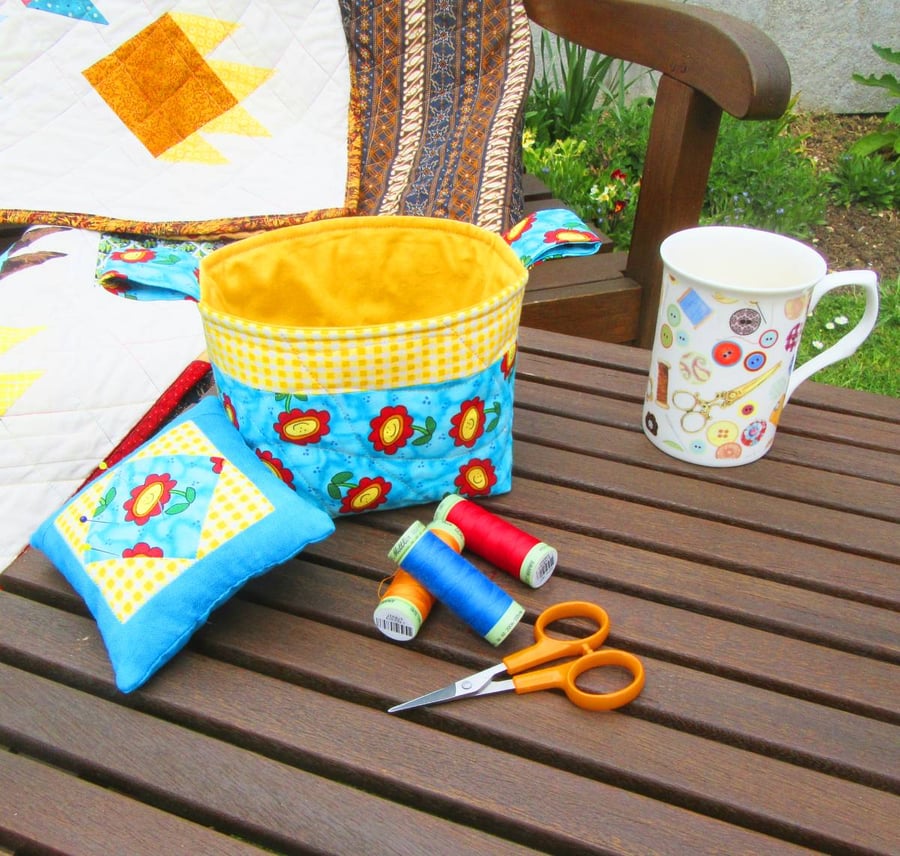 Bright and Cheerful Patchwork Table Top Sewing Basket and Pincushion Set