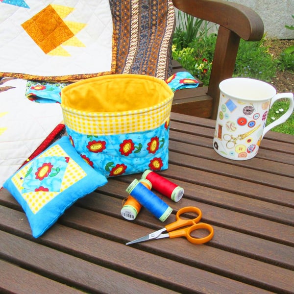 Bright and Cheerful Patchwork Table Top Sewing Basket and Pincushion Set