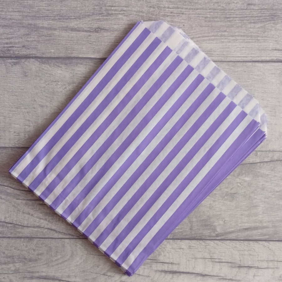 25 Purple & White Stripe Paper Bags, 9" x 7", 23 x 17 cm perfect for craft shows