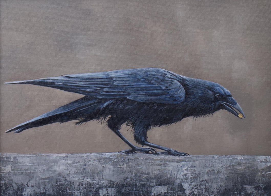 Crow with a Gold Pellet Giclee Print, UK Wildlife Art, Raven Bird, Gothic Nature
