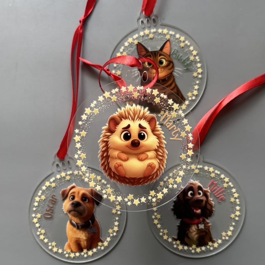 Personalised pet Christmas decoration. Personalised cartoon pet Christmas bauble