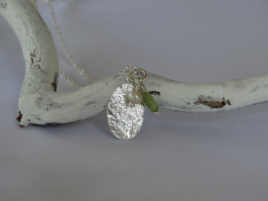 Eco silver tiny tag pendant with peridot and pearl