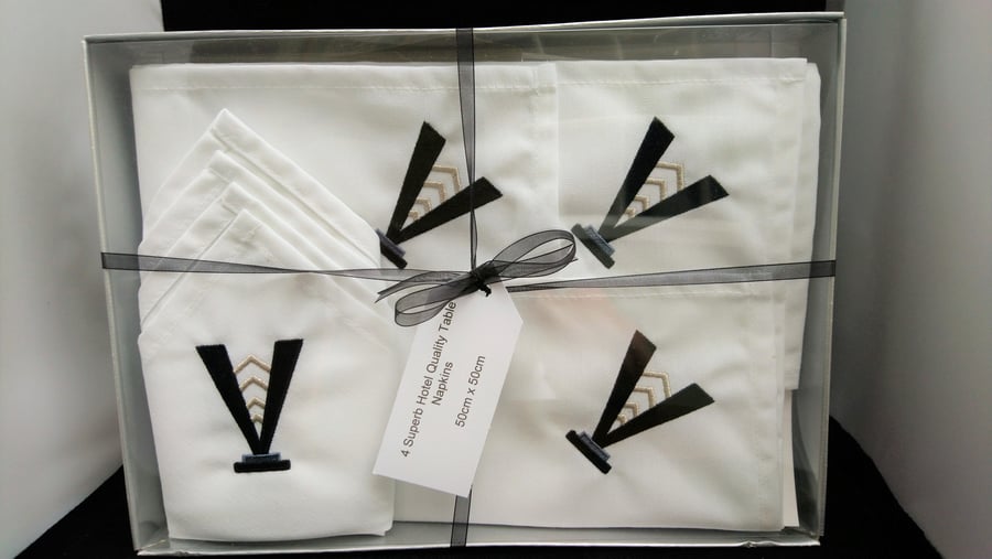Napkins  Art Deco Embroidered Design Set of 4 in Presentation Box