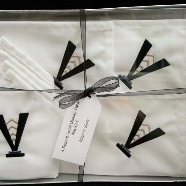  Art Deco Design Embroidered Napkins Set of 4 in Presentation Box